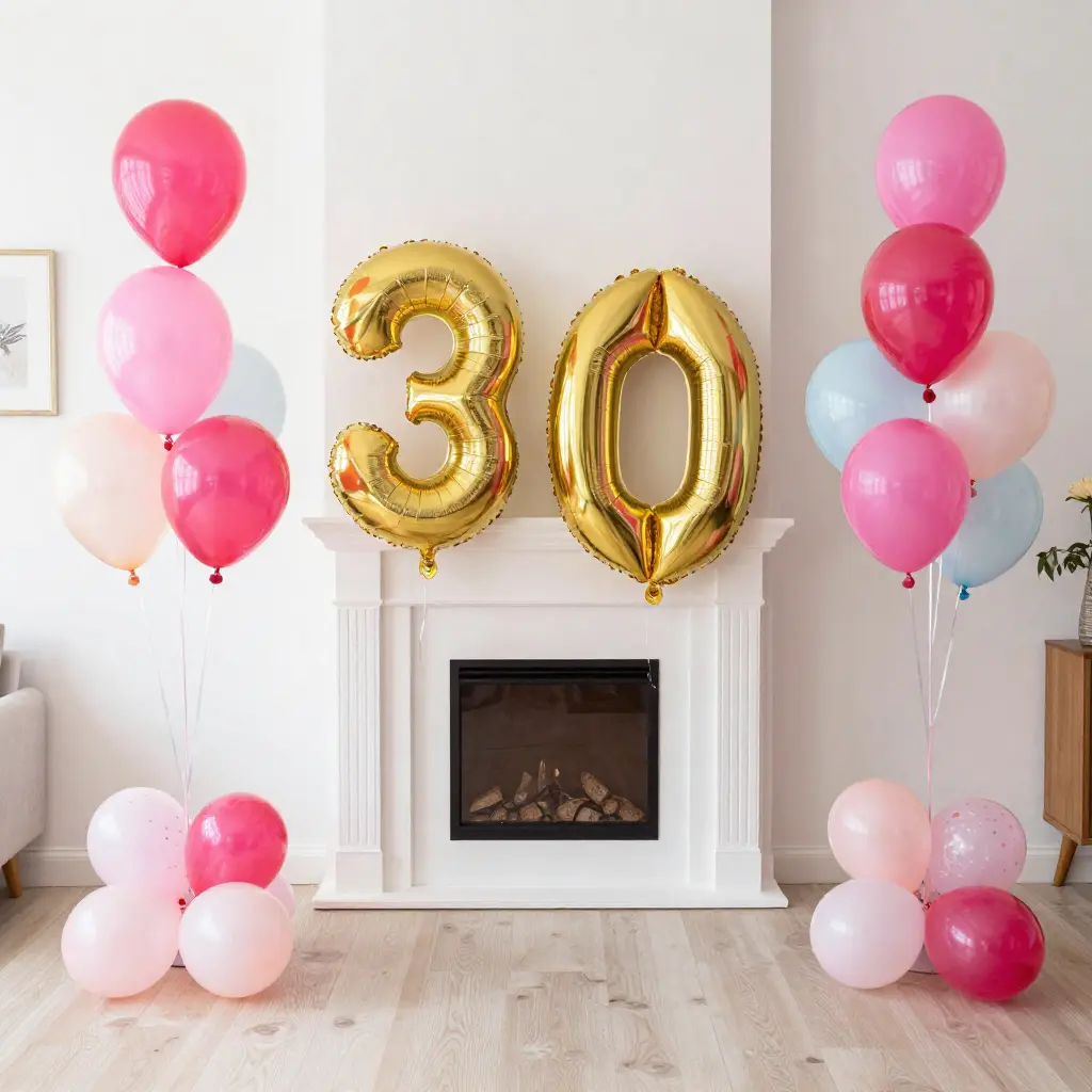 Färgglad festdekor med ballonger, girlanger och festliga detaljer